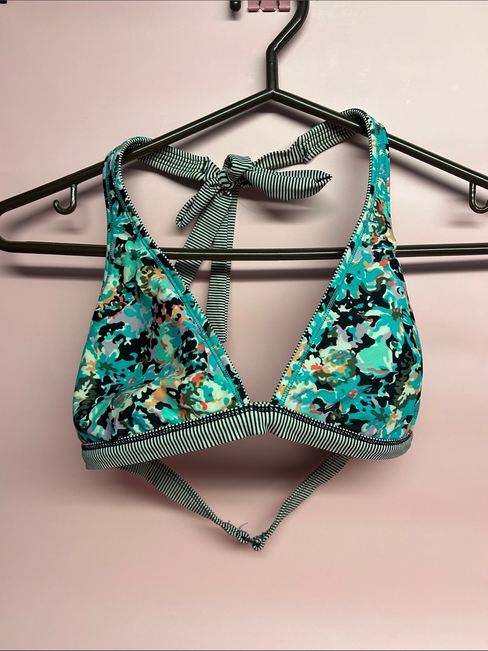 Roxy Striped-Trim Floral Triangle Bikini Top in Teal Reversible